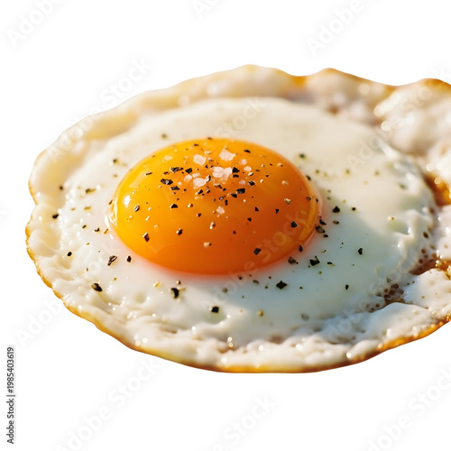 Overhead shot of a single fried egg with yolk and seasonings against transparent backdrop