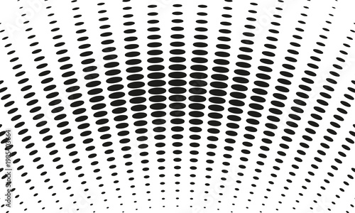 Abstract black halftone dots forming a dynamic wave pattern on a white background.