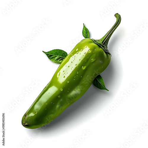 Realistic green hot chili pepper with drops, hot spice, vector icon, food ingredient and vegetable food.