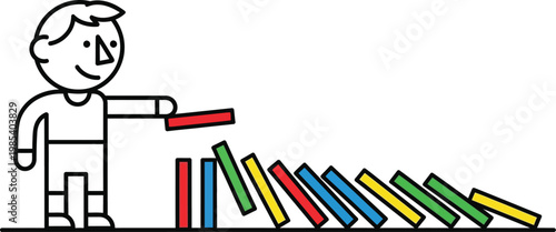 Man Pushing Dominoes Chain Reaction, Concept of Cause and Effect