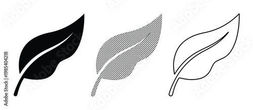Minimalist leaf icon set in three styles, black and grey foliage vector silhouettes, organic botanical leaf line art for eco-friendly branding and logo design