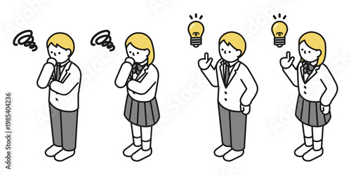 アイソメトリックイラスト:アイデアを思いつく男女 考える男女(高校生)