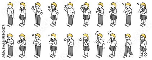 アイソメトリックイラスト：色々なポーズの中学生男女(夏服)