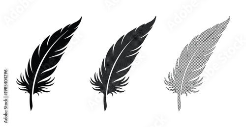 Vintage quill feather icons set, black and grey bird plumage silhouettes, elegant writing quill vector illustrations for stationery and logo design