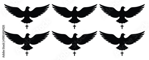 Religious dove silhouettes with christian cross, set of 6 holy spirit bird icons, black flying pigeon vector graphics for church branding and funeral stationery
