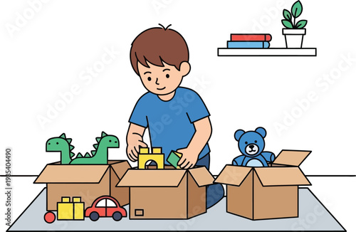 Child playing with toys in cardboard boxes, organizing playtime