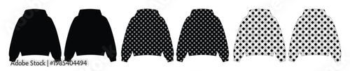 Hoodie vector silhouette set, black and checkered pattern sweatshirt templates, streetwear apparel mockups for fashion design and technical drawings