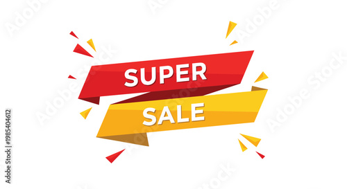 Dynamic super sale promotional banner featuring red and yellow ribbons with colorful geometric confetti on a white background.