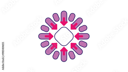 Abstract circular logo design with pink arrows pointing inward toward a central rounded diamond shape with a purple outer ring.
