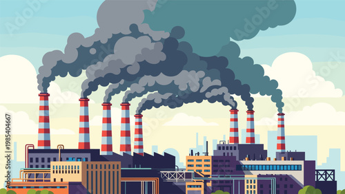 Detailed landscape illustration of a massive industrial factory complex with multiple smoking chimneys polluting the cloudy blue sky.
