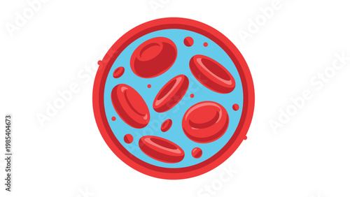 Colorful illustration of several red blood cells or erythrocytes floating in a blue plasma fluid within a circular border.