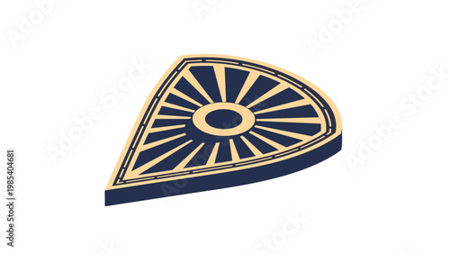 Isometric perspective view of a semicircular shield or decorative plate with a dark blue body and golden radiating fan like lines.