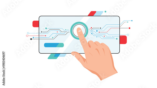 Close up of a human hand touching a circular activation button on a digital tablet interface with colorful electronic circuit lines.