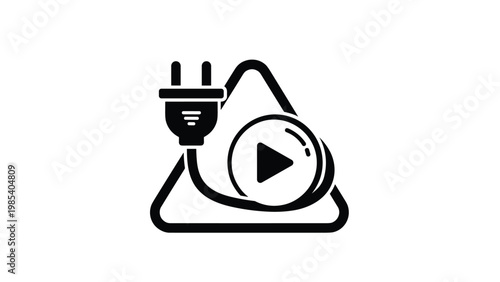 Black and white icon featuring an electric plug connected to a play button represents digital content consumption and energy dependency.
