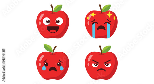 Set of four red apple emojis expressing different emotions including happy laughing crying and angry facial expressions.