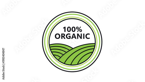 Green and white 100 percent organic certification label with rolling hills represents eco friendly farming and sustainable produce quality.
