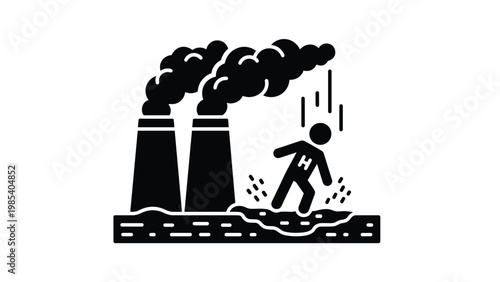 Silhouette of a person drowning in waste near smoking industrial chimneys highlights the deadly impact of environmental pollution on humans.