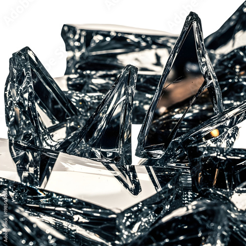 Abstract composition of fragmented reflective glass shapes against transparent background
