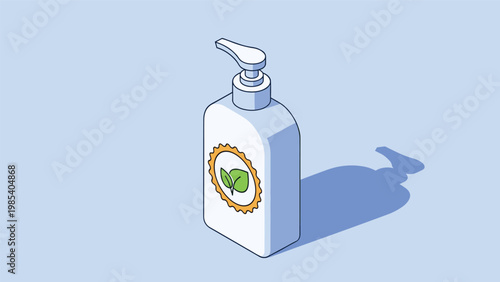 Isometric view of a pump bottle for liquid soap or lotion with an organic leaf label on a light blue background for skincare products.