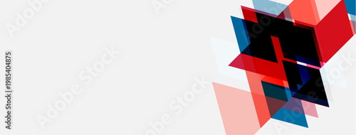 Abstract geometric shapes overlap, creating dynamic visual effect. Red, blue, pink hues dominate white background. Modern design.