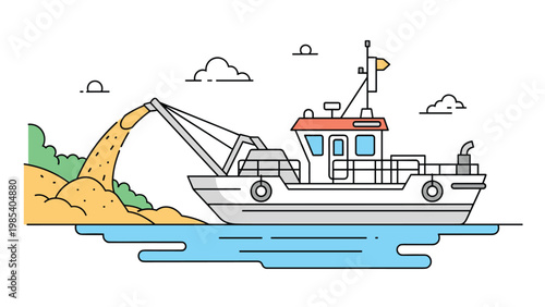 Industrial sand dredging boat working near a coastline illustrates marine construction and resource extraction in a clean vector style.