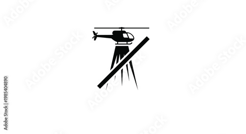 Black silhouette of a helicopter inside a forbidden sign with a diagonal bar indicating that air travel or landing is restricted here.
