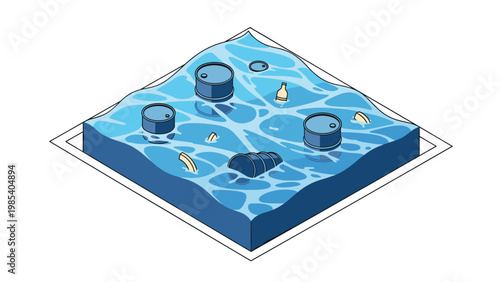 Isometric illustration of a segment of water contaminated with floating oil barrels and plastic debris highlights environmental crisis.