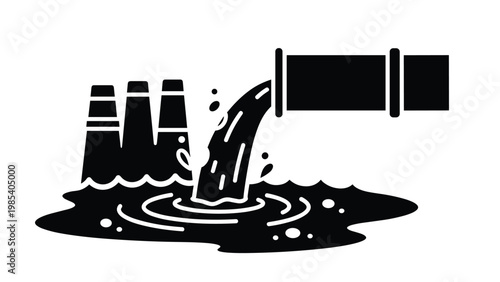 Black and white silhouette of a large pipe pouring waste water into a pool near industrial factory chimneys highlights water pollution.