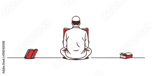 Muslim Reading Quran Islamic Education Minimal Black Vector Illustration on white background.