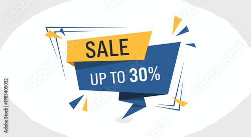Sale up to thirty percent banner with blue and yellow ribbon shapes designed for marketing campaigns and special discount events for stores.