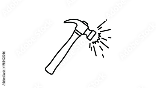 Line art illustration of a hand hammer striking a surface with impact sparks representing manual labor construction or repair work.