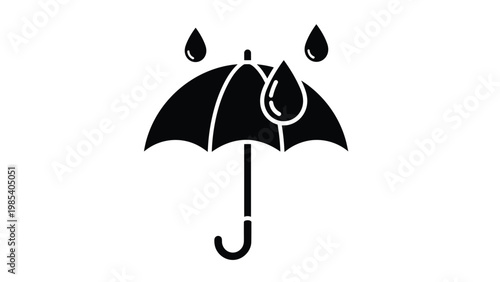 Black and white silhouette of an open umbrella with large raindrops suggests weather protection and rain related insurance services.