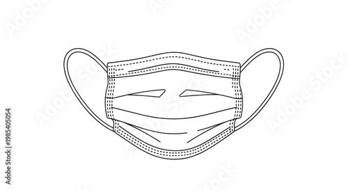 Detailed line drawing of a medical surgical face mask with ear loops used for protection against respiratory viruses and air pollution.