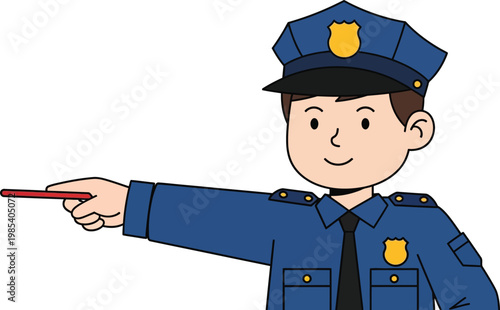 Cartoon Police Officer Directing Traffic with Stop Stick