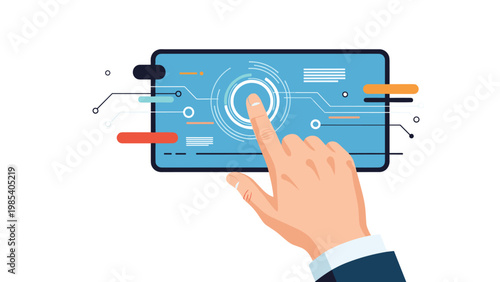Human hand interacting with advanced digital interface on mobile phone screen displaying technological data and user icons.