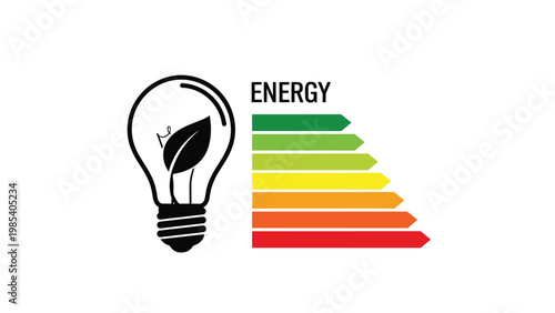 Energy efficiency concept featuring lightbulb with leaf symbol alongside colorful power consumption rating scale on white.
