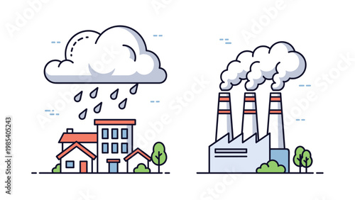 Acid rain environmental issue showing polluted clouds raining over residential buildings and industrial factory smoke stacks.