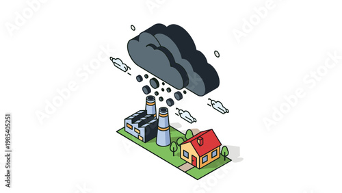 Isometric illustration of industrial factory and residential house under heavy dark rain clouds representing climate pollution.