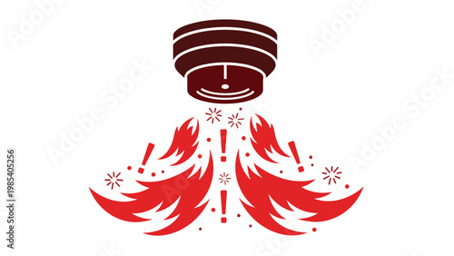 Fire alarm smoke detector activation scene with red flames and warning exclamation symbols for safety and emergency themes.
