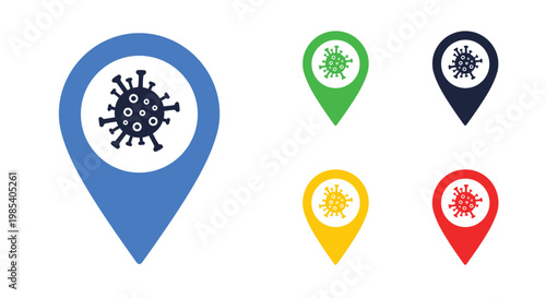 Virus or bacteria microbe icon displayed inside map pins of different colors for tracking disease outbreaks or medical locations.