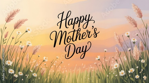 Happy Mother's Day Greeting Card Background with Daisies, Wildflowers, and Pampas Grass in a Soft, Warm Gradient Field