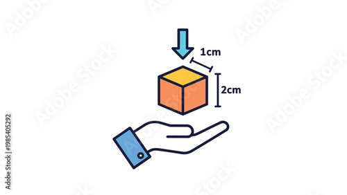 Human hand holding three dimensional cube with centimeter measurement indicators for geometry math and sizing concepts.