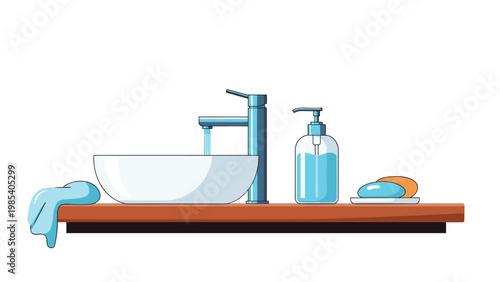 Modern bathroom sink with running water faucet liquid soap dispenser and towel on wooden vanity for hygiene and cleaning.