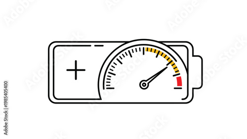 Battery power level indicator showing charge gauge with needle in high zone for energy storage and performance concepts.