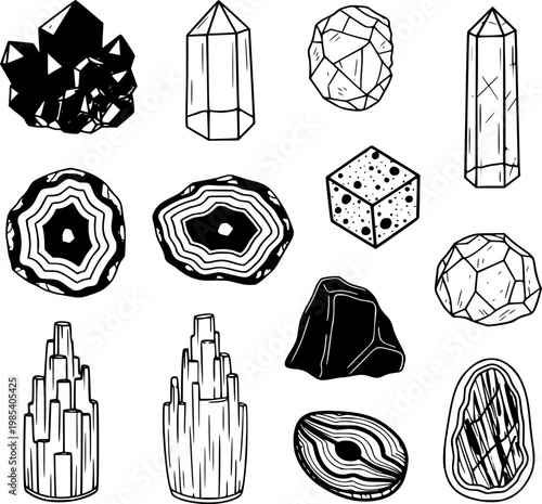 Crystal collection vector illustration set featuring various minerals stones gemstones and geological formations isolated on white background for your creative graphic design art projects
