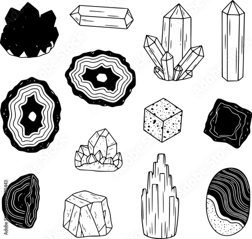 Crystal collection vector illustration set featuring various gemstones minerals and quartz shapes in a minimalist hand drawn black and white doodle style for graphic design