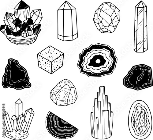 Crystal collection vector illustration set featuring various gemstones minerals quartz clusters agates and geometric shapes isolated on a clean white background for modern design projects
