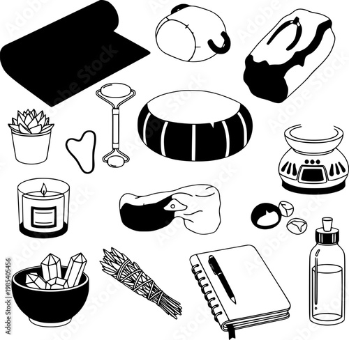 Wellness lifestyle vector illustration set featuring yoga mat crystals incense candle journal and self care equipment icons for healthy meditation and spa routine graphic design