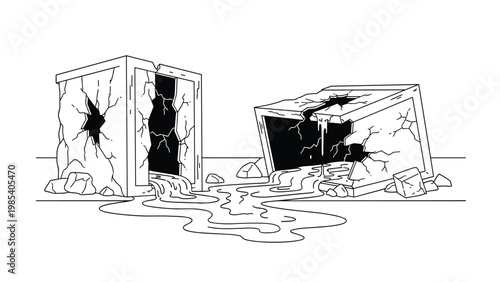 Industrial waste spill concept featuring broken concrete containers leaking hazardous liquid onto ground in line art style.