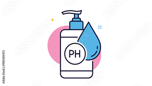 Cosmetic skin care product bottle with pump dispenser showing balanced pH levels and moisturizing water drop illustration.